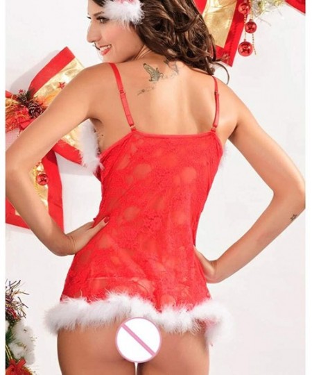 Baby Dolls & Chemises Women's Sexy Santa Lingerie Set Red Christmas Babydoll V-Neck Strap Chemises Outfit Lace Sleepwear - Re...