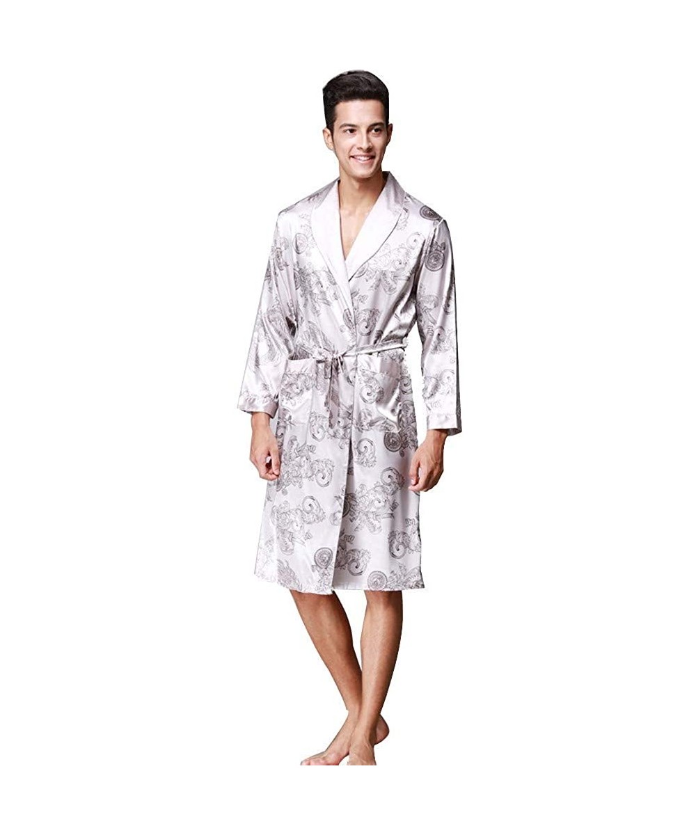 Robes Casual Men Soft Lightweight Sleepwear Long Sleeve Pocket Satin Nightwear Robe Coat Gray - CU192QM5N34