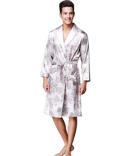 Robes Casual Men Soft Lightweight Sleepwear Long Sleeve Pocket Satin Nightwear Robe Coat Gray - CU192QM5N34