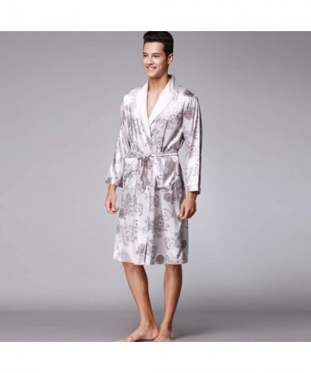 Robes Casual Men Soft Lightweight Sleepwear Long Sleeve Pocket Satin Nightwear Robe Coat Gray - CU192QM5N34