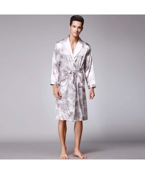 Robes Casual Men Soft Lightweight Sleepwear Long Sleeve Pocket Satin Nightwear Robe Coat Gray - CU192QM5N34