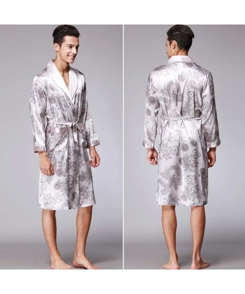 Robes Casual Men Soft Lightweight Sleepwear Long Sleeve Pocket Satin Nightwear Robe Coat Gray - CU192QM5N34