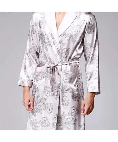 Robes Casual Men Soft Lightweight Sleepwear Long Sleeve Pocket Satin Nightwear Robe Coat Gray - CU192QM5N34