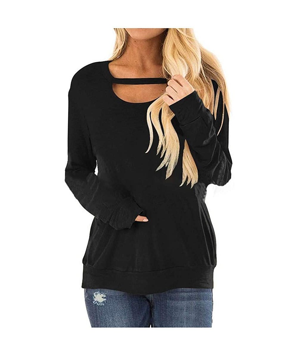 Tops Solid Color Tops- Womens Fashion Hollow Out Long Sleeve Scoop Neck Casual Loose Tunic Blouse - Black - CK1933W02QI