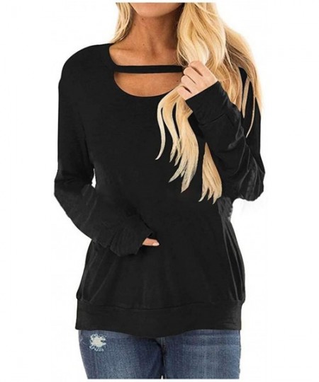 Tops Solid Color Tops- Womens Fashion Hollow Out Long Sleeve Scoop Neck Casual Loose Tunic Blouse - Black - CK1933W02QI