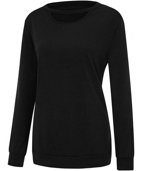 Tops Solid Color Tops- Womens Fashion Hollow Out Long Sleeve Scoop Neck Casual Loose Tunic Blouse - Black - CK1933W02QI