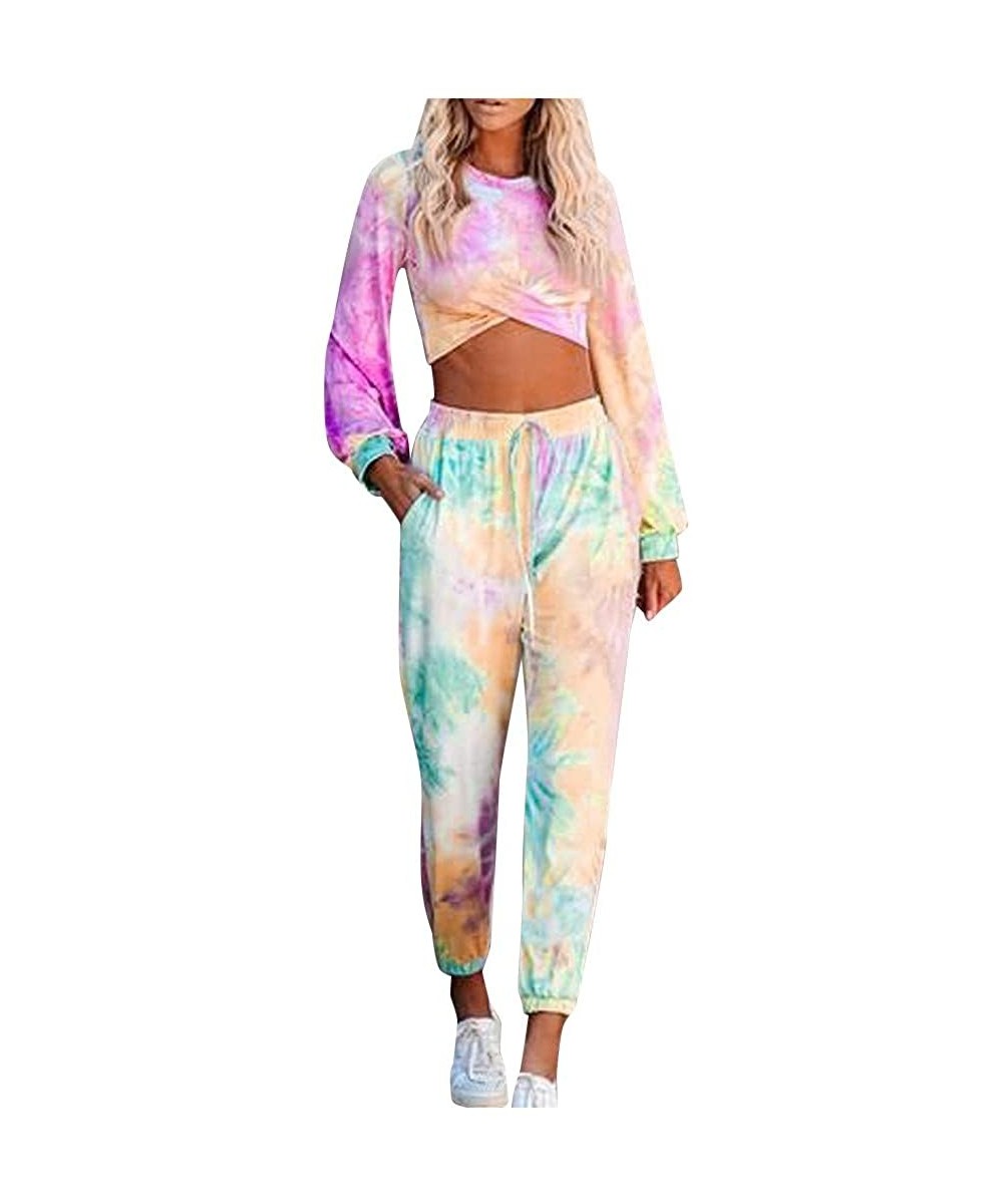 Sets Women 2 Pcs Tie Dye Sweatsuit Pajama Sets Long Sleeve Pullover Drawstring Sweatpants Lounge Jogger Set Nightwear - C - C...