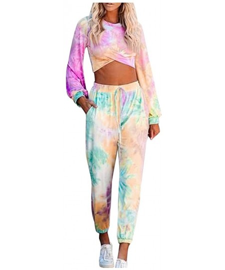 Sets Women 2 Pcs Tie Dye Sweatsuit Pajama Sets Long Sleeve Pullover Drawstring Sweatpants Lounge Jogger Set Nightwear - C - C...