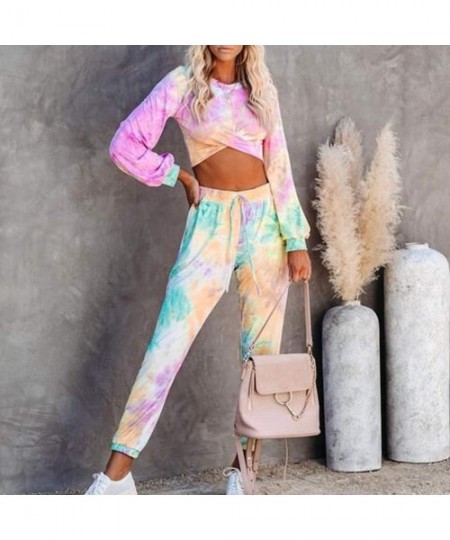 Sets Women 2 Pcs Tie Dye Sweatsuit Pajama Sets Long Sleeve Pullover Drawstring Sweatpants Lounge Jogger Set Nightwear - C - C...