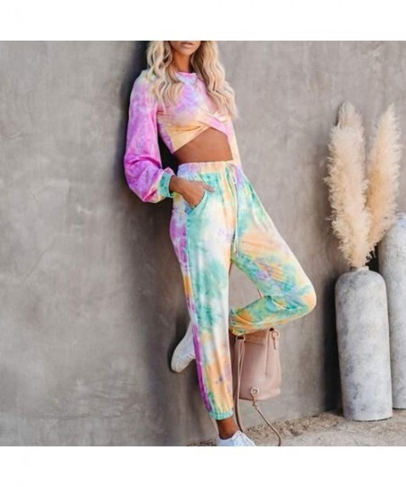 Sets Women 2 Pcs Tie Dye Sweatsuit Pajama Sets Long Sleeve Pullover Drawstring Sweatpants Lounge Jogger Set Nightwear - C - C...