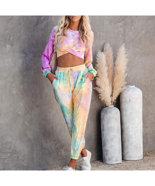 Sets Women 2 Pcs Tie Dye Sweatsuit Pajama Sets Long Sleeve Pullover Drawstring Sweatpants Lounge Jogger Set Nightwear - C - C...