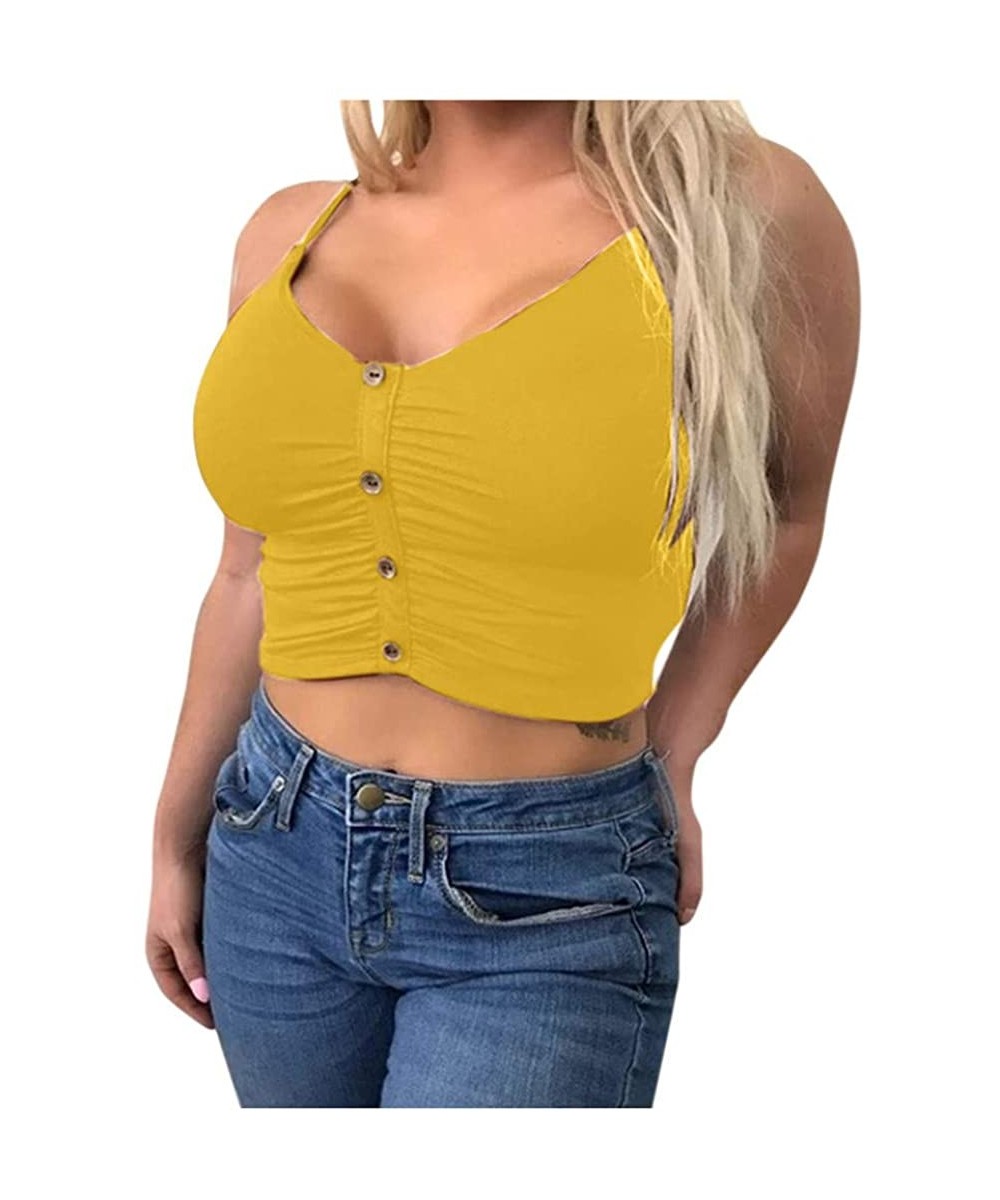 Camisoles & Tanks Women's Fashion Plus Size Spaghetti Strap V Neck Ruched Cami Bralette Bustier Crop Top - Yellow - CQ197264YIU