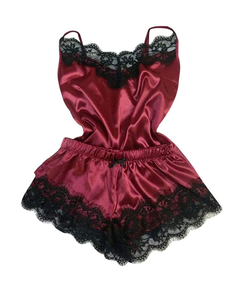 Sets Lingerie for Women New Camisole Bow Shorts V-Neck Tops Velvet Sexy Pajamas Sleepwear - Winered - C2196T73HUN