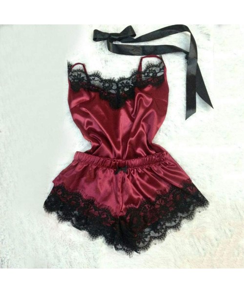 Sets Lingerie for Women New Camisole Bow Shorts V-Neck Tops Velvet Sexy Pajamas Sleepwear - Winered - C2196T73HUN