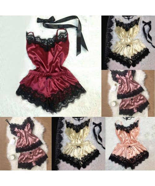 Sets Lingerie for Women New Camisole Bow Shorts V-Neck Tops Velvet Sexy Pajamas Sleepwear - Winered - C2196T73HUN