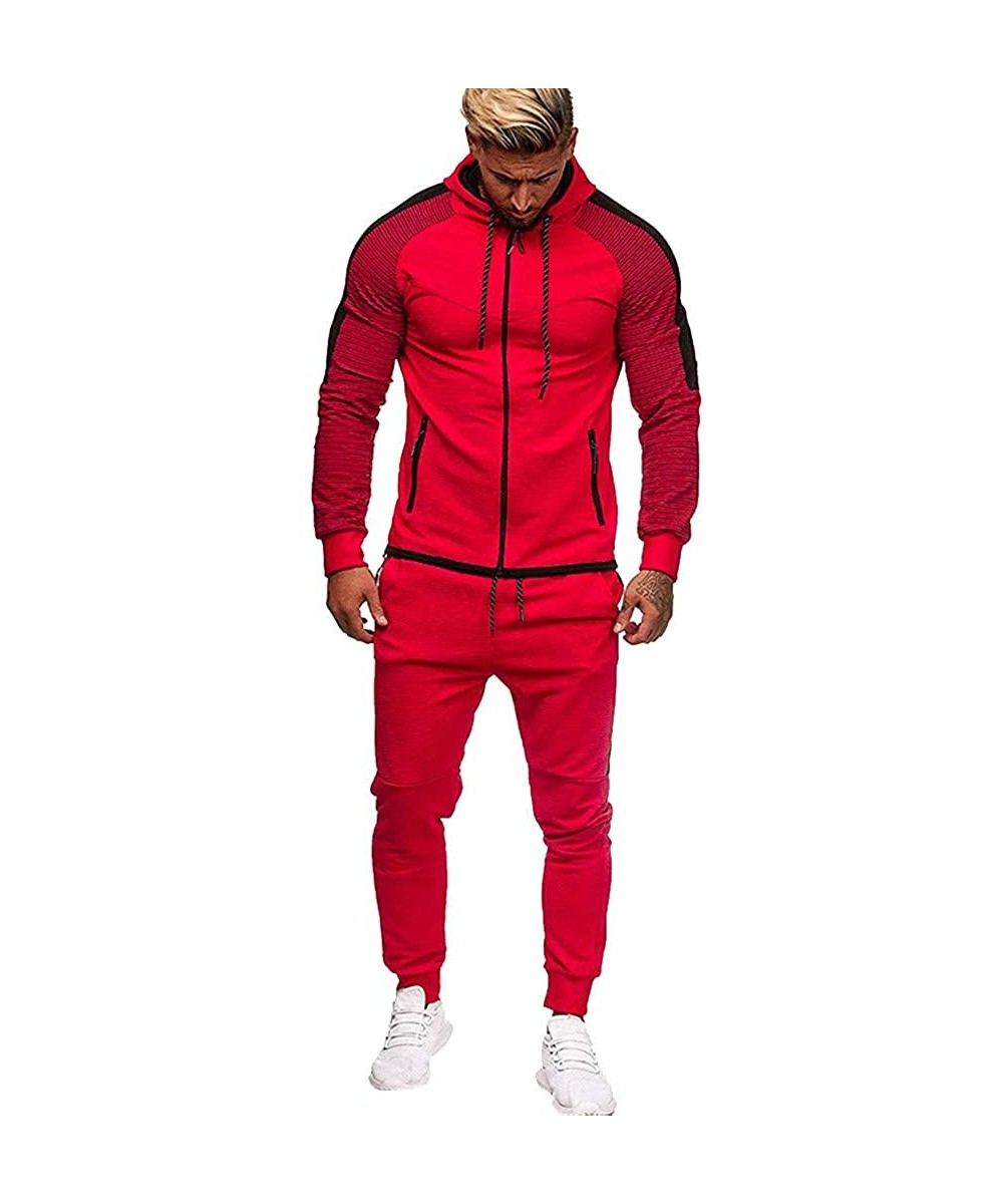 Thermal Underwear Men's Autumn Winter Pocket Sweatshirt Top Pants Sets Sports Suit Tracksuit - Red - CD18Y4MU0K8