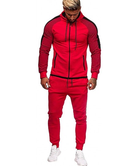 Thermal Underwear Men's Autumn Winter Pocket Sweatshirt Top Pants Sets Sports Suit Tracksuit - Red - CD18Y4MU0K8