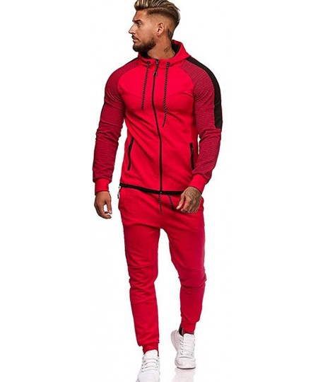 Thermal Underwear Men's Autumn Winter Pocket Sweatshirt Top Pants Sets Sports Suit Tracksuit - Red - CD18Y4MU0K8