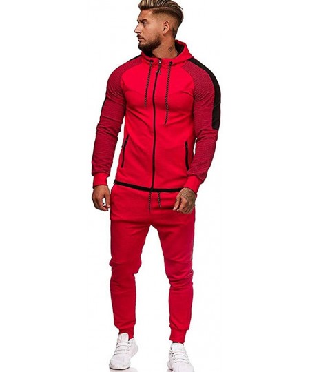 Thermal Underwear Men's Autumn Winter Pocket Sweatshirt Top Pants Sets Sports Suit Tracksuit - Red - CD18Y4MU0K8