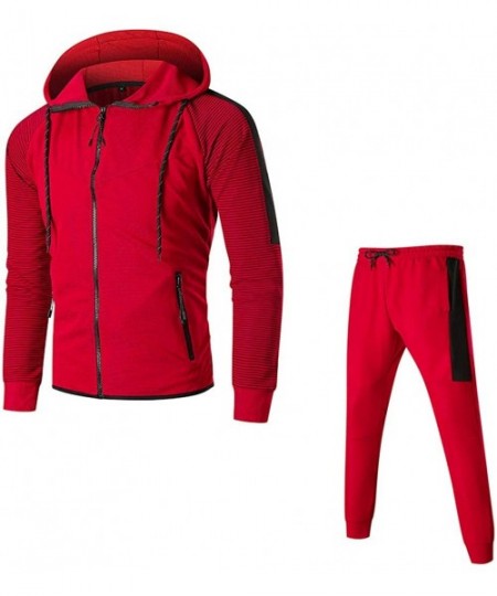 Thermal Underwear Men's Autumn Winter Pocket Sweatshirt Top Pants Sets Sports Suit Tracksuit - Red - CD18Y4MU0K8