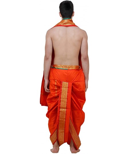 Sleep Sets Ready to Wear Dhoti and Angavastram Set with Woven Golden Leaves Border - Mandarin Red - CN194Z655W8