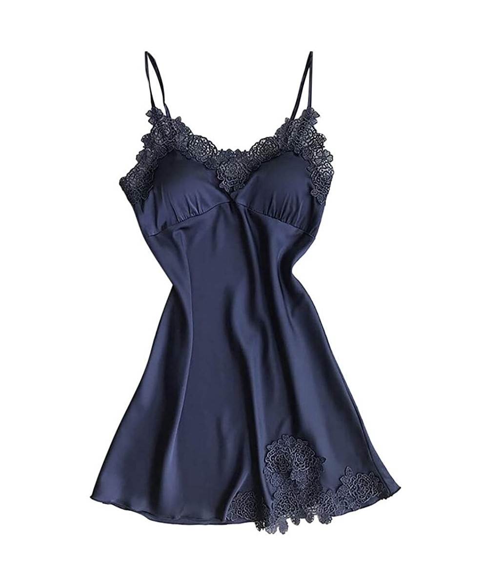 Baby Dolls & Chemises Nightdress for Women Sexy Lace Pad Lingerie Nightwear Robe Babydoll Sleepwear Nightdress - Navy - CY18O...