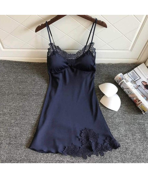 Baby Dolls & Chemises Nightdress for Women Sexy Lace Pad Lingerie Nightwear Robe Babydoll Sleepwear Nightdress - Navy - CY18O...