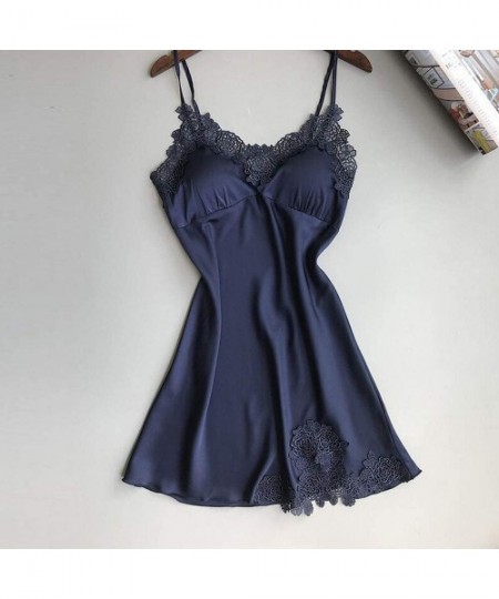 Baby Dolls & Chemises Nightdress for Women Sexy Lace Pad Lingerie Nightwear Robe Babydoll Sleepwear Nightdress - Navy - CY18O...