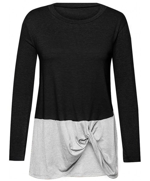 Thermal Underwear Women's Casual Crew Neck Long Sleeve T-Shirt Comfy Twist Knot Tunics Baggy Loose Fit Plain Tops - A-black -...