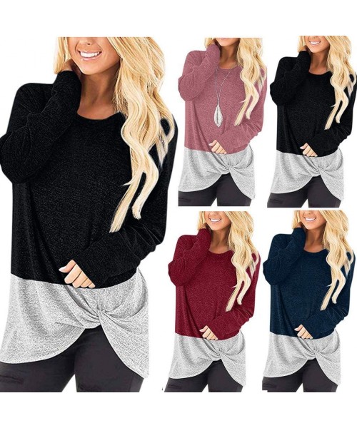 Thermal Underwear Women's Casual Crew Neck Long Sleeve T-Shirt Comfy Twist Knot Tunics Baggy Loose Fit Plain Tops - A-black -...