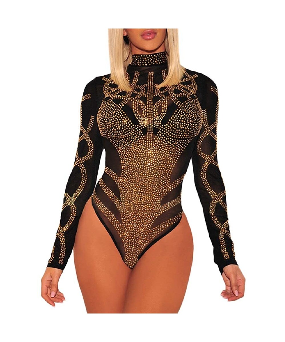 Shapewear Women Sheer Mesh Bodysuit Iridescent Rhinestone Studded Striped Sleeveless Teddy Rompers - Bustier Black - C518YKW07C0