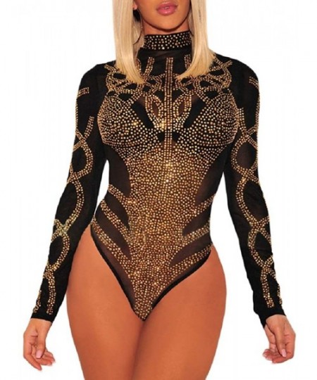 Shapewear Women Sheer Mesh Bodysuit Iridescent Rhinestone Studded Striped Sleeveless Teddy Rompers - Bustier Black - C518YKW07C0