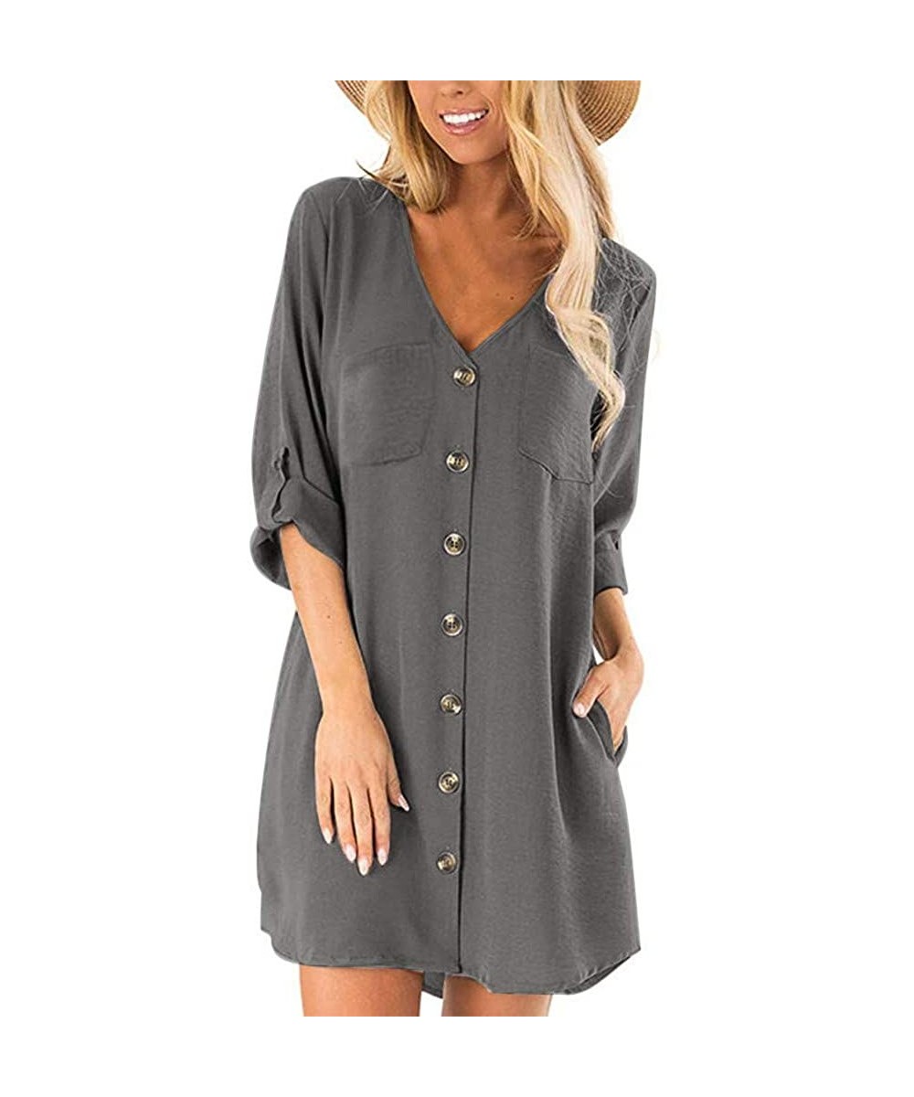 Thermal Underwear Women Dresses Work Summer Fall Flowy Button Down V Neck 3/4 Sleeve Casual Mini Dress - Gray - C3194KGEIHE