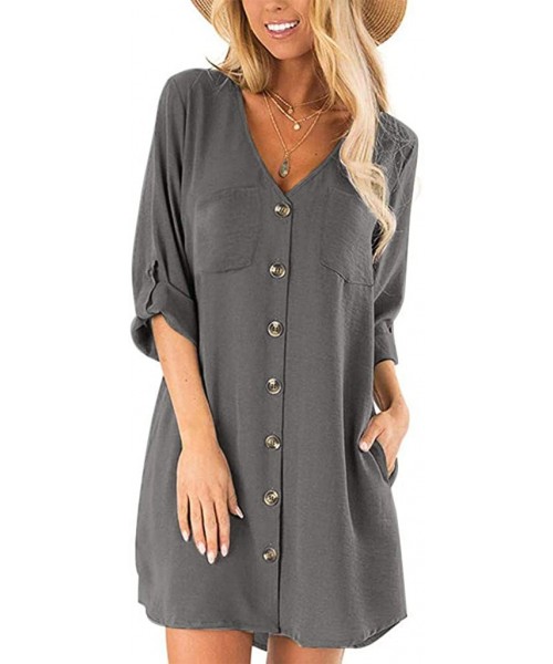 Thermal Underwear Women Dresses Work Summer Fall Flowy Button Down V Neck 3/4 Sleeve Casual Mini Dress - Gray - C3194KGEIHE