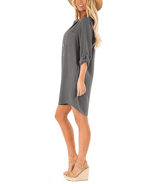 Thermal Underwear Women Dresses Work Summer Fall Flowy Button Down V Neck 3/4 Sleeve Casual Mini Dress - Gray - C3194KGEIHE