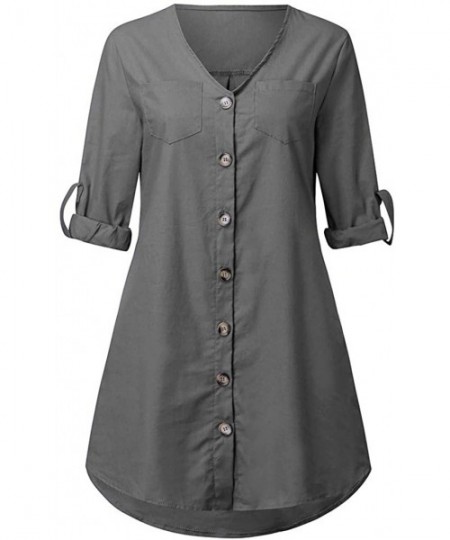 Thermal Underwear Women Dresses Work Summer Fall Flowy Button Down V Neck 3/4 Sleeve Casual Mini Dress - Gray - C3194KGEIHE