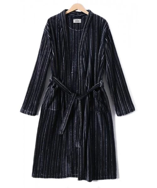 Robes Men's Fleece Warm Bathrobe Stripes Long Robe with Sashes - CW18ADIUD0C