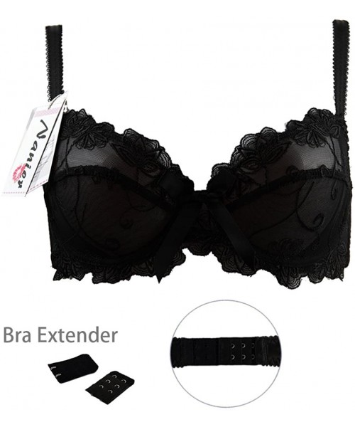 Bras Women's Thin Transparent Lace Bra Set - Black-1 - C811A2CZ5TX