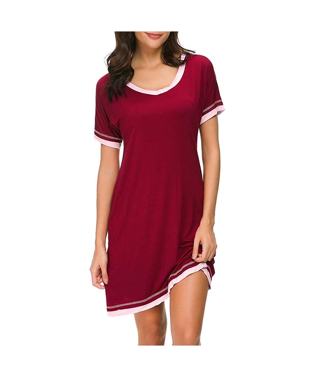 Nightgowns & Sleepshirts Sleepwear Womens Casual Nightgowns Short Sleeve V Neck Sleepshirts - Red - CA18RDSEN9Y