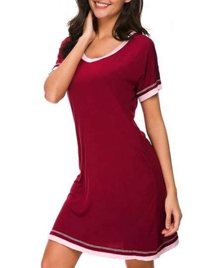 Nightgowns & Sleepshirts Sleepwear Womens Casual Nightgowns Short Sleeve V Neck Sleepshirts - Red - CA18RDSEN9Y