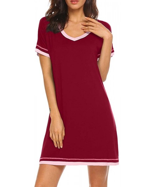 Nightgowns & Sleepshirts Sleepwear Womens Casual Nightgowns Short Sleeve V Neck Sleepshirts - Red - CA18RDSEN9Y