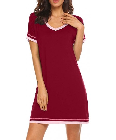 Nightgowns & Sleepshirts Sleepwear Womens Casual Nightgowns Short Sleeve V Neck Sleepshirts - Red - CA18RDSEN9Y