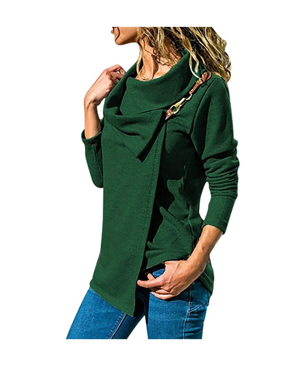 Tops Women Autumn Blouse Lapel Buckle Casual Long Sleeve Plus Size Pullover Tunic Top - Green - C218WES0988