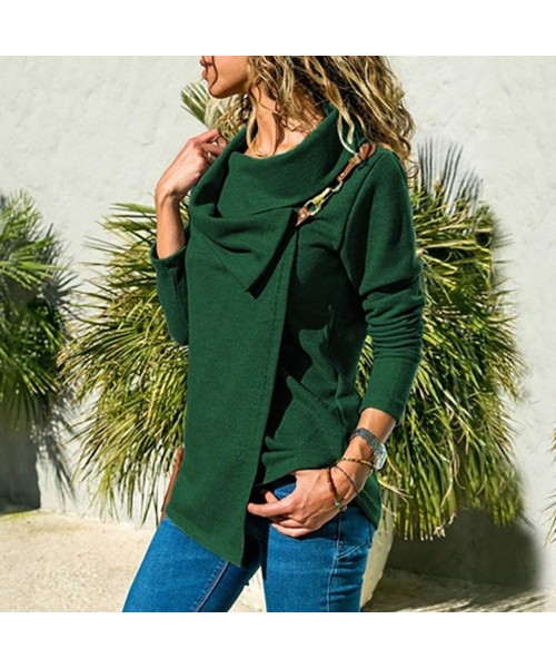 Tops Women Autumn Blouse Lapel Buckle Casual Long Sleeve Plus Size Pullover Tunic Top - Green - C218WES0988