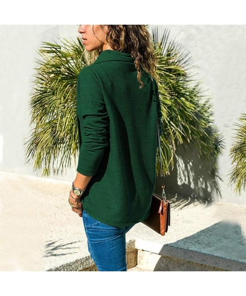 Tops Women Autumn Blouse Lapel Buckle Casual Long Sleeve Plus Size Pullover Tunic Top - Green - C218WES0988