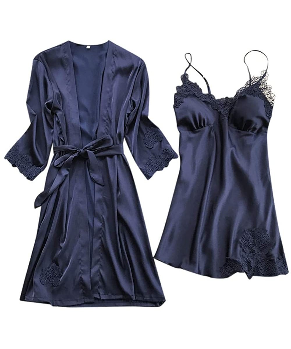 Womens Sleepwear Silk Dressing Gown Solid Lace Trim Babydoll Nightdress ...