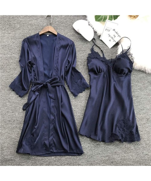 Nightgowns & Sleepshirts Womens Sleepwear Silk Dressing Gown Solid Lace Trim Babydoll Nightdress Kimono Sleepwear - Navy - C2...