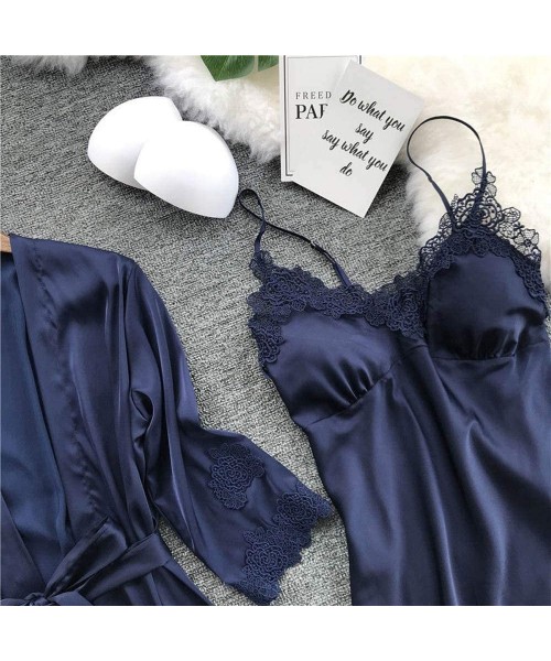 Nightgowns & Sleepshirts Womens Sleepwear Silk Dressing Gown Solid Lace Trim Babydoll Nightdress Kimono Sleepwear - Navy - C2...