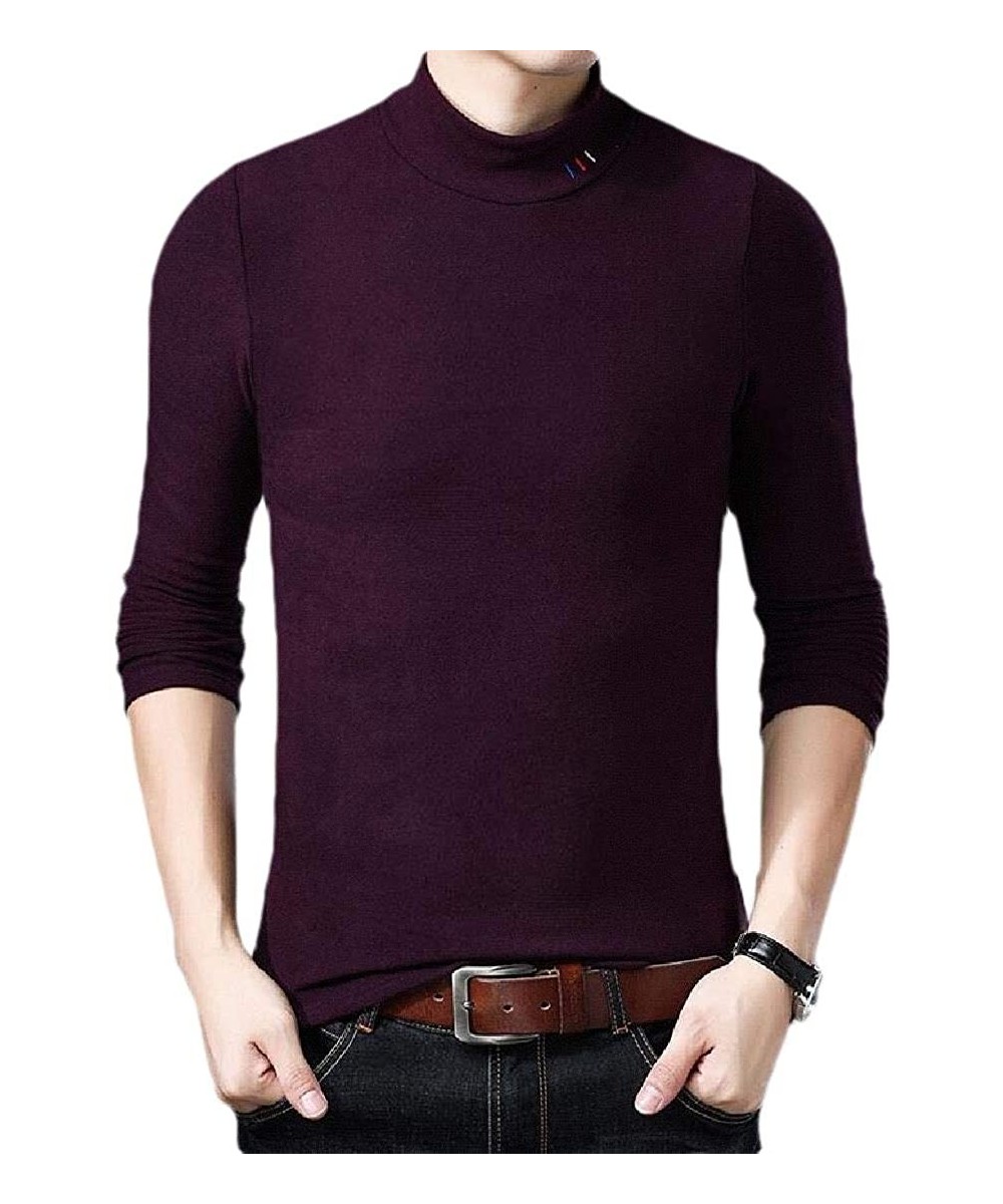 Thermal Underwear Men's Fleece-Lined Turtle Neck Stretchy Thermal Basic-Shirt Thick Warm T-Shirt Tee - Purple - CU193GOGDI9