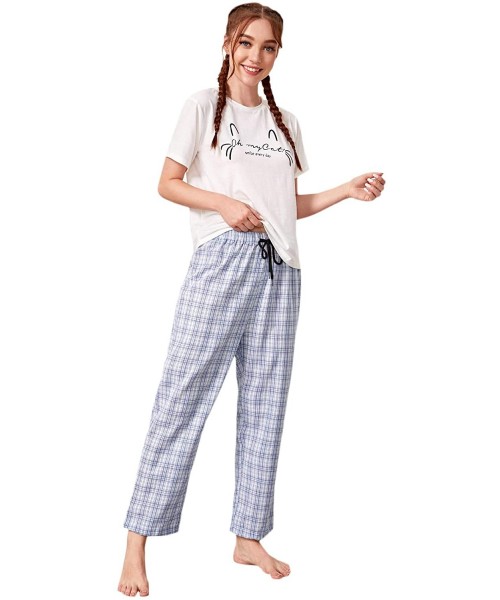 Sets Women's Cartoon Print Short Sleeve Tee and Pants Sleepwear PJ Pajama Set - Blue Gingham - CU19ESQ37DX